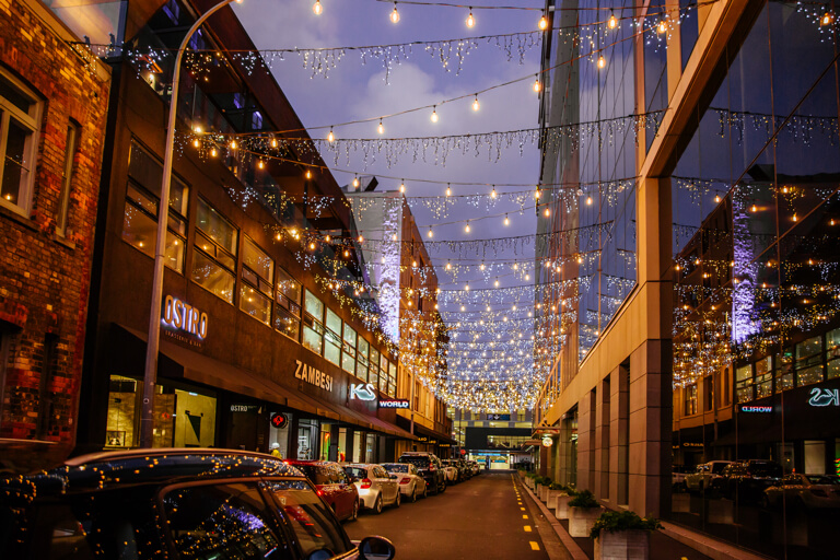 City lane with lights at twilight