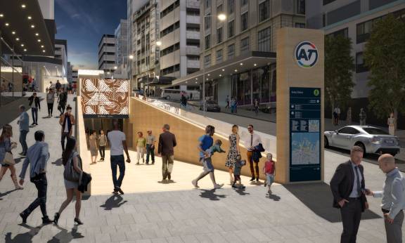 Aotea Station, showing the entrance from Victoria Street. Image: cityraillink.co.nz