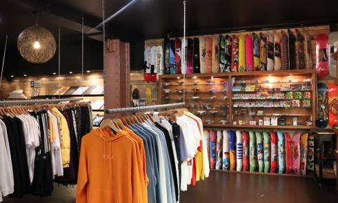 Garments and skateboards displayed